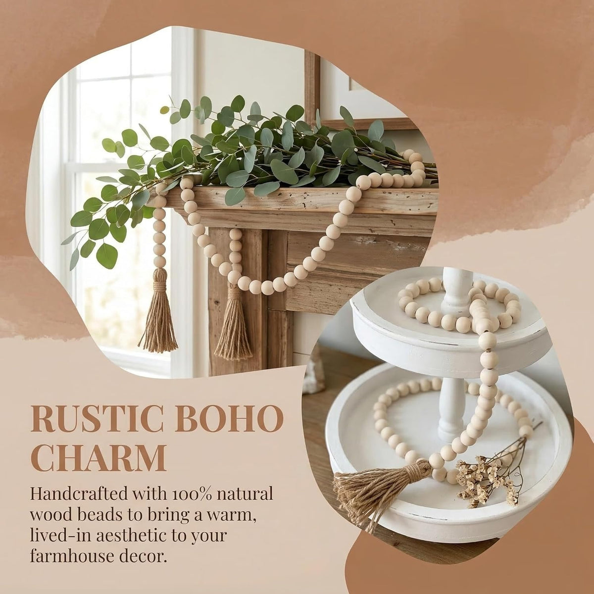 Natural Wood Bead Tassel Garland